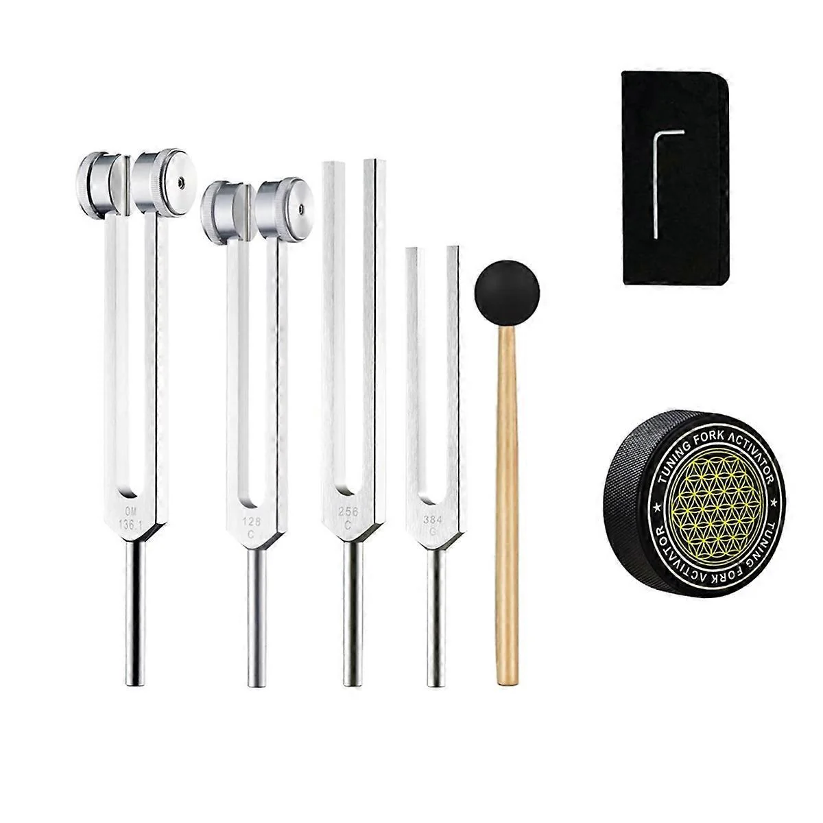 DS NA Tuning Forks for Healing, Set, 128Hz, 136.1Hz, 256Hz, 384Hz, with Hockey