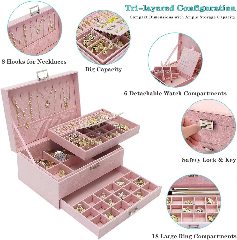 DS NA Velvet Jewelry Box with Lock – 3-Layer Large Jewelry Organizer - Image 3