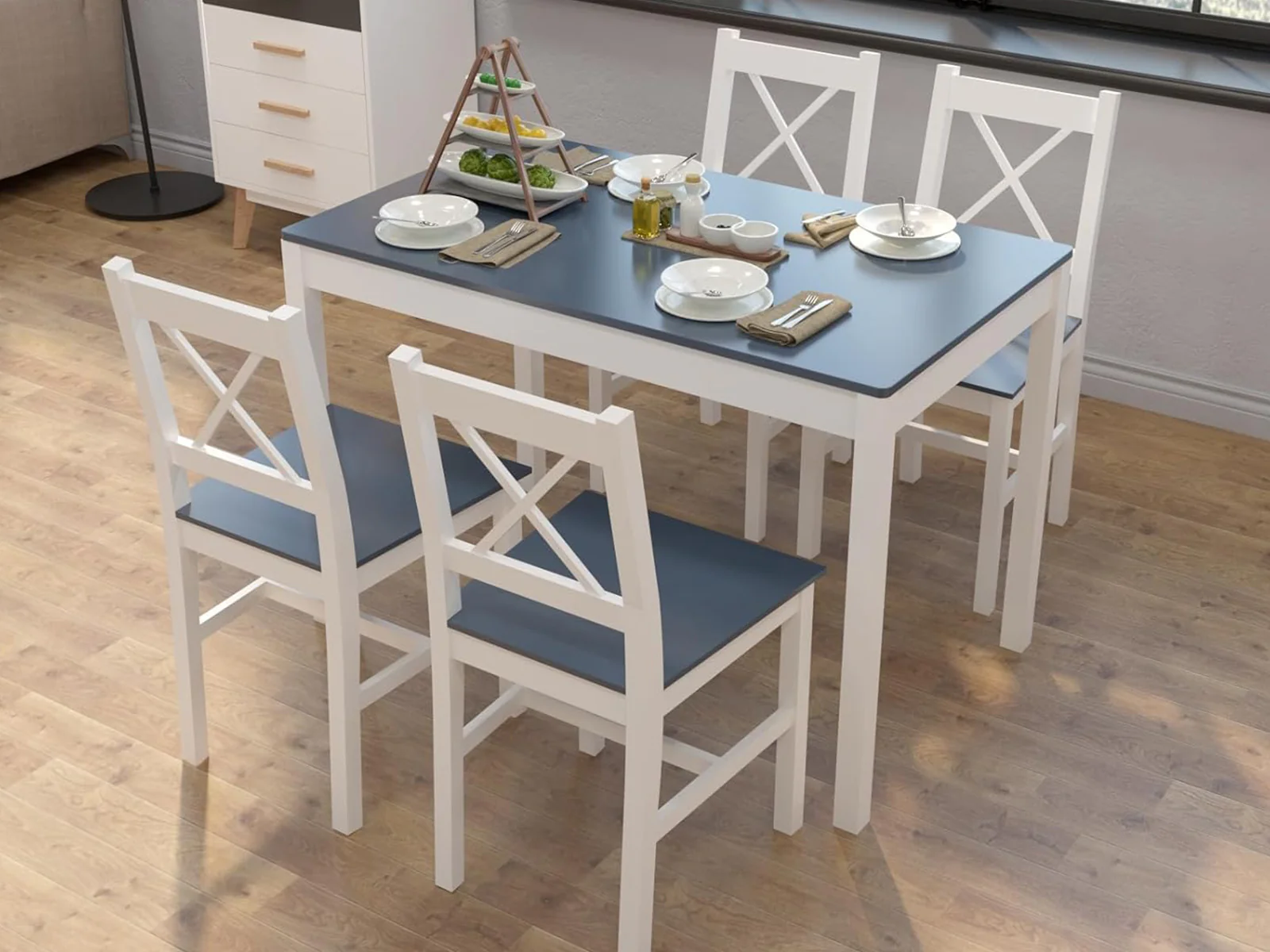 Selma 5-Piece Wooden Dining Set - White & Grey - Image 8