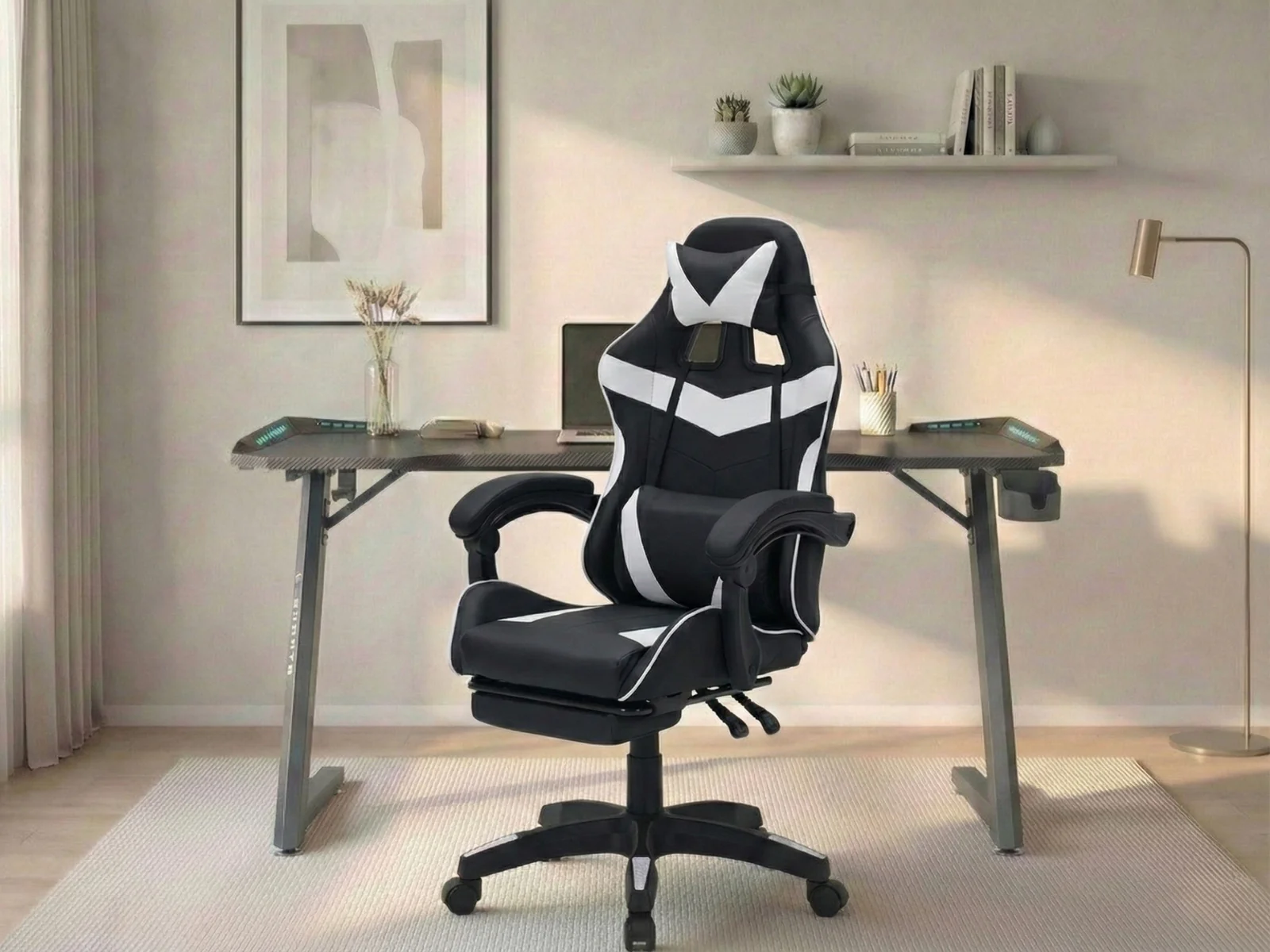 Gaming Table KZ-1 120cm with Wireless Charger and Mouse Pad & Faron Gaming Chair PVC White - Image 2