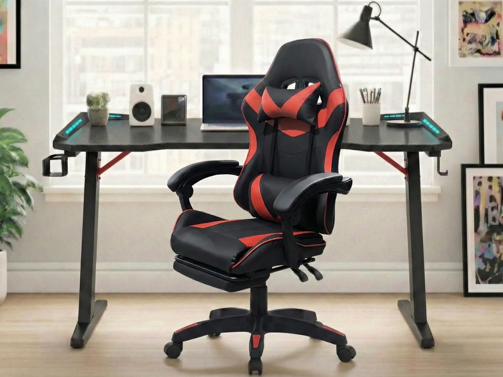 Gaming Table & Nicola Gaming chair PVC Black+Red - Image 2