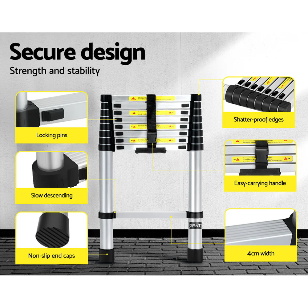 Giantz 2.6M Telescopic Ladder Aluminium Extension Extendable Steps - Image 6