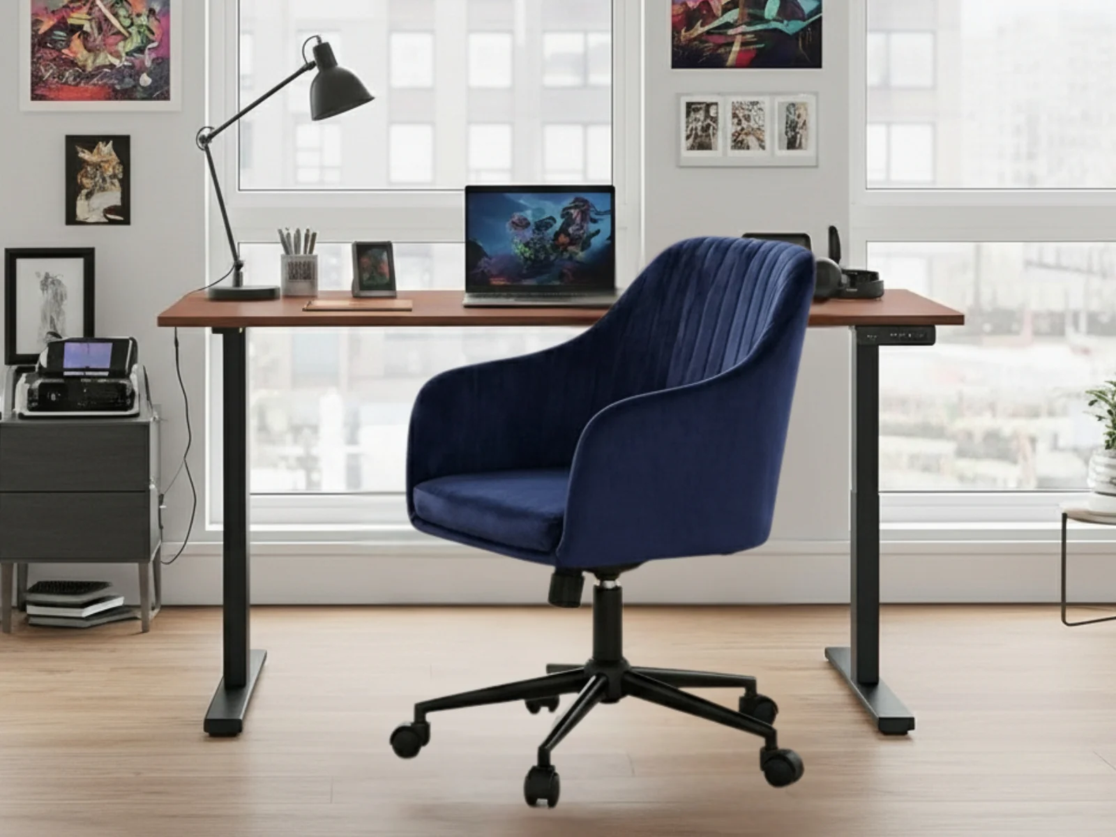 Height Adjustable Desk Set LK walnut Black & Lilac Office Chair Velvet Blue - Image 2