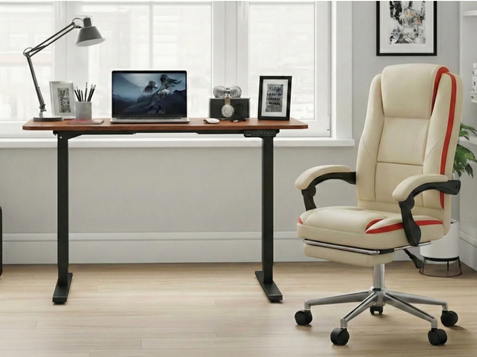 Height Adjustable Desk Set LK walnut Black & Siena Executive Office Chair PU Beige - Image 2