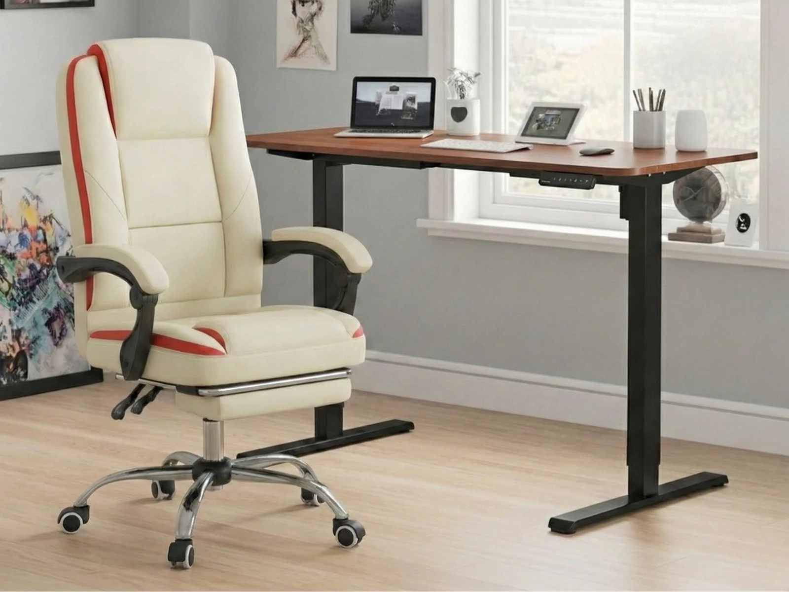 Height Adjustable Desk Set LK walnut Black & Siena Executive Office Chair PU Beige - Image 3