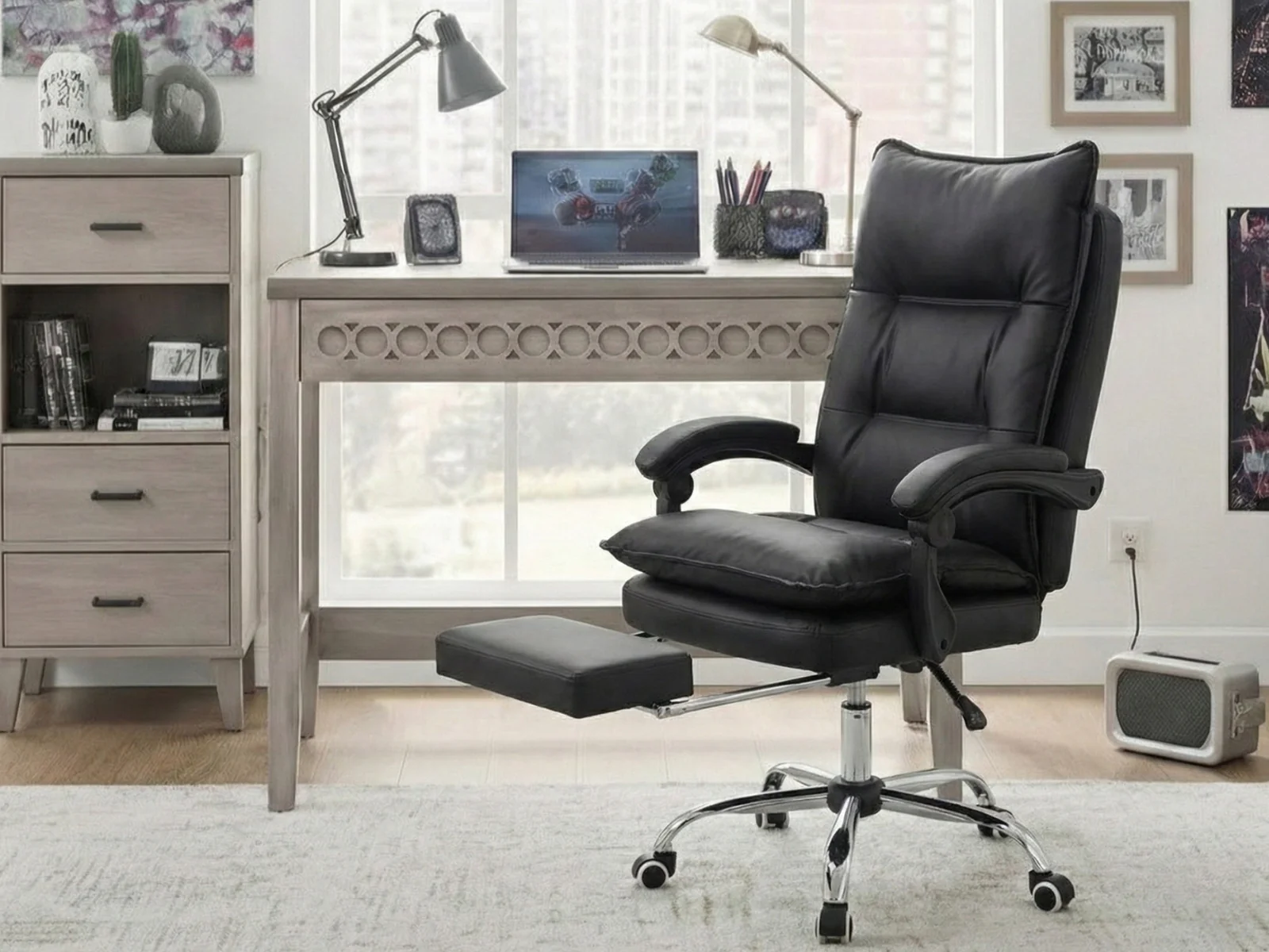 Home & Office Desk With Storage Drawer & New Markus Office Chair with Footrest PU Black - Image 2