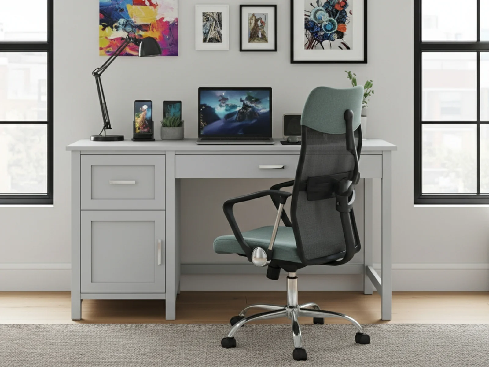 Home Office Desk with Storage Grey & Meshmallow Office Chair 001 grey - Image 2