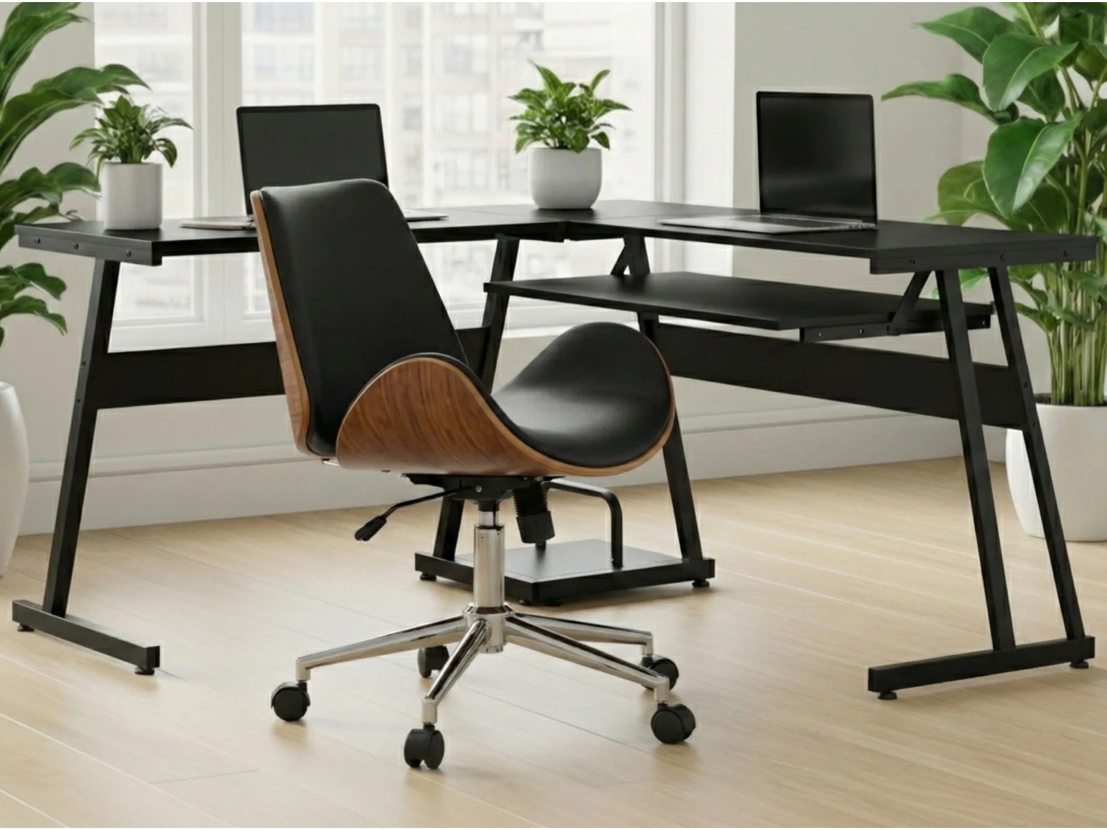 Irina L-Shaped Computer Desk & Bentwood Office Chair - Image 3