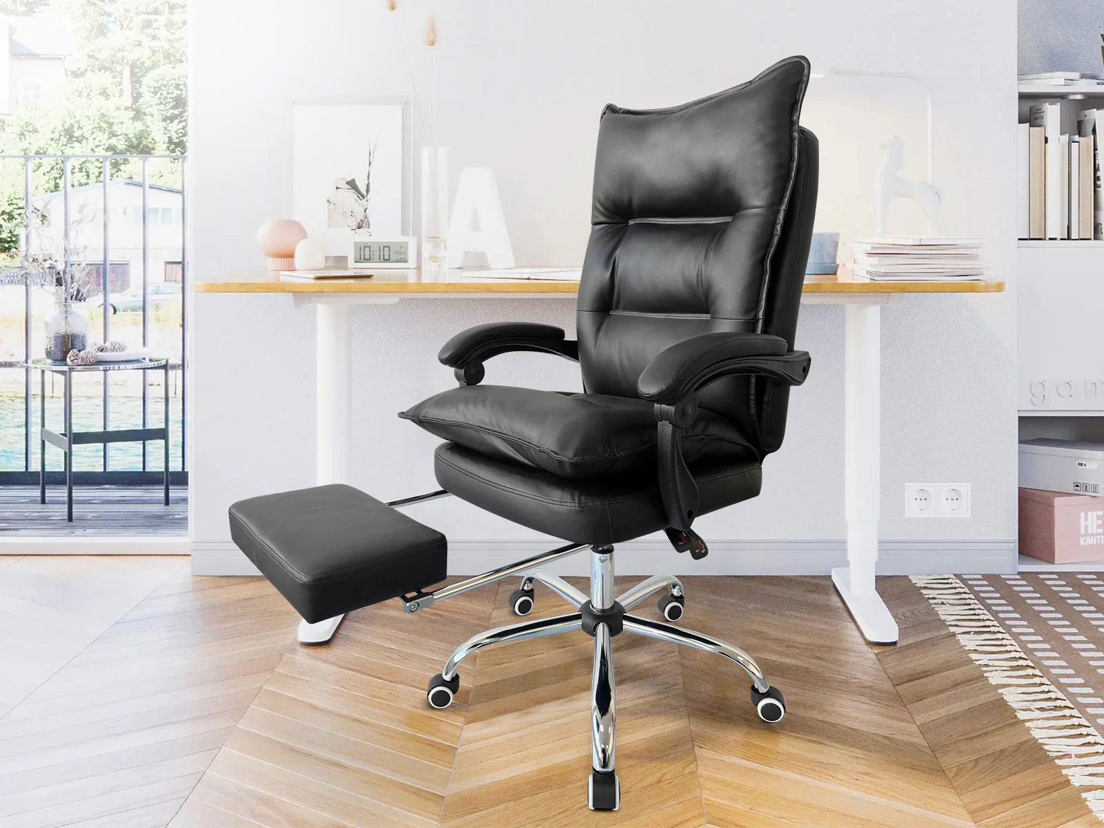 Irina L-Shaped Computer Desk & New Markus Office Chair with Footrest PU Black - Image 20