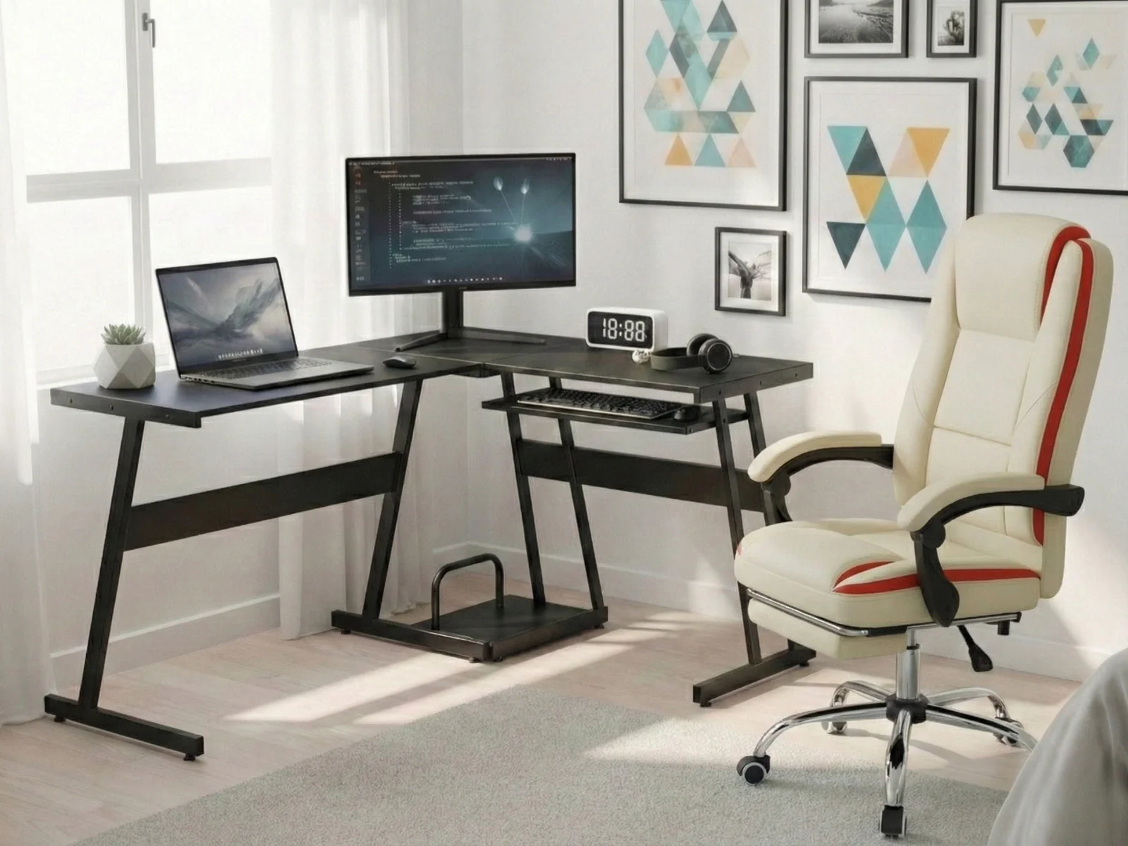 Irina L-Shaped Computer Desk & Siena Executive Office Chair PU Beige - Image 2