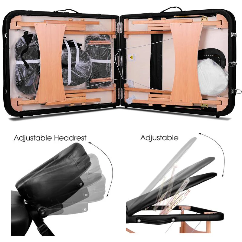 3-Fold Portable Wooden Massage Table - Black - Image 9