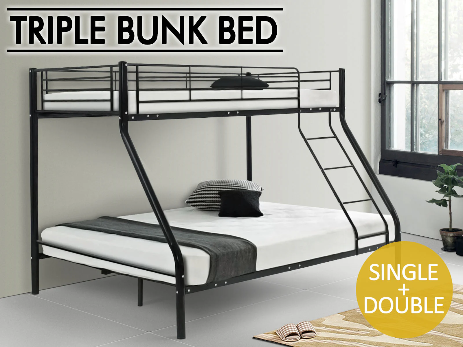 Metal Triple Bunk Bed - Black & Bon10 Single + Bon15 Double Mattresses - Image 9