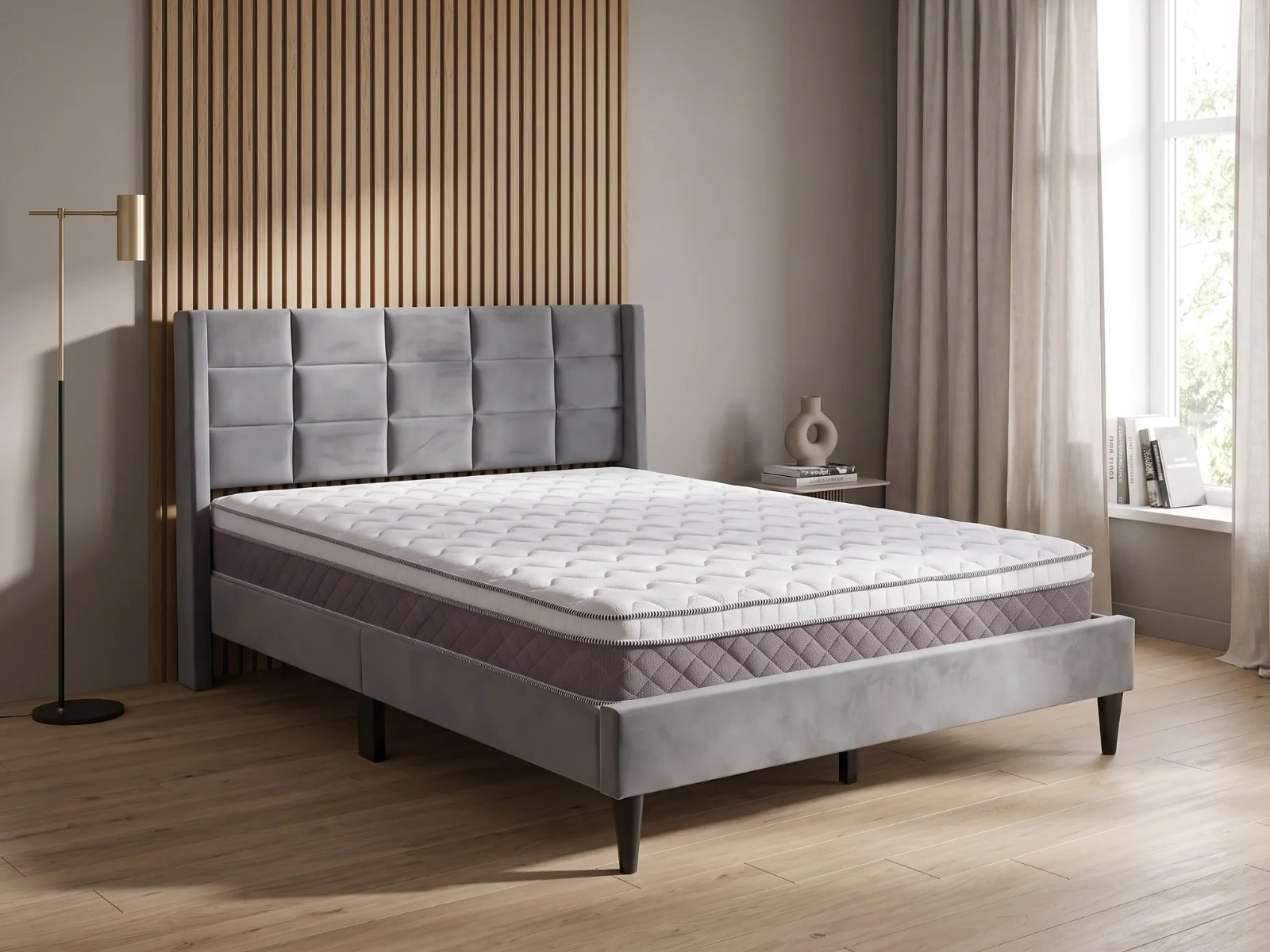 Neron Velvet Bed Frame Charcoal & MEM23 Mattress - Queen - Image 2