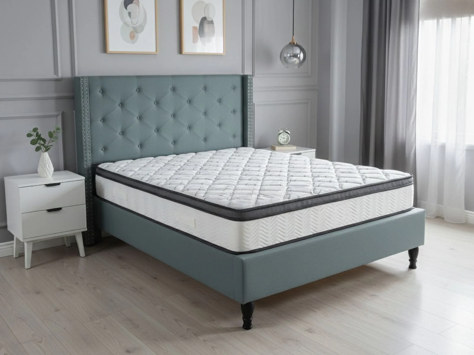 New Lisbeth Bed Frame Blue & Euro Top Memory Foam Mattress GEL30 - Double - Image 2