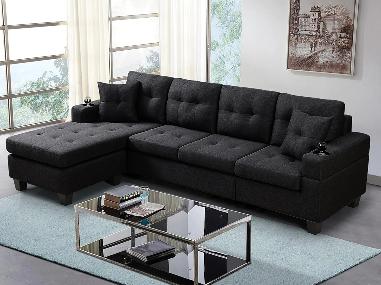 New Marcia Sectional Sofa with Chaise Linen - Black - Image 3