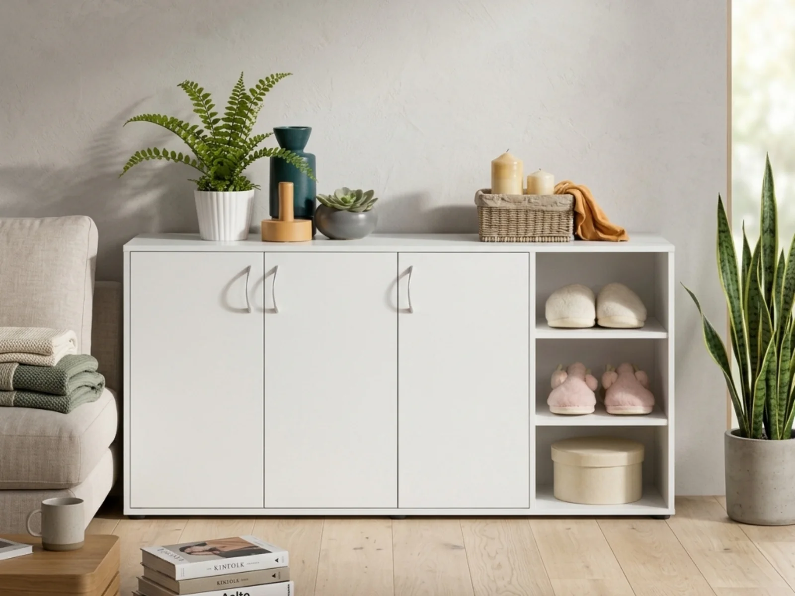 Okura 3-Door Shoe Cabinet with Shelf - White - Image 2
