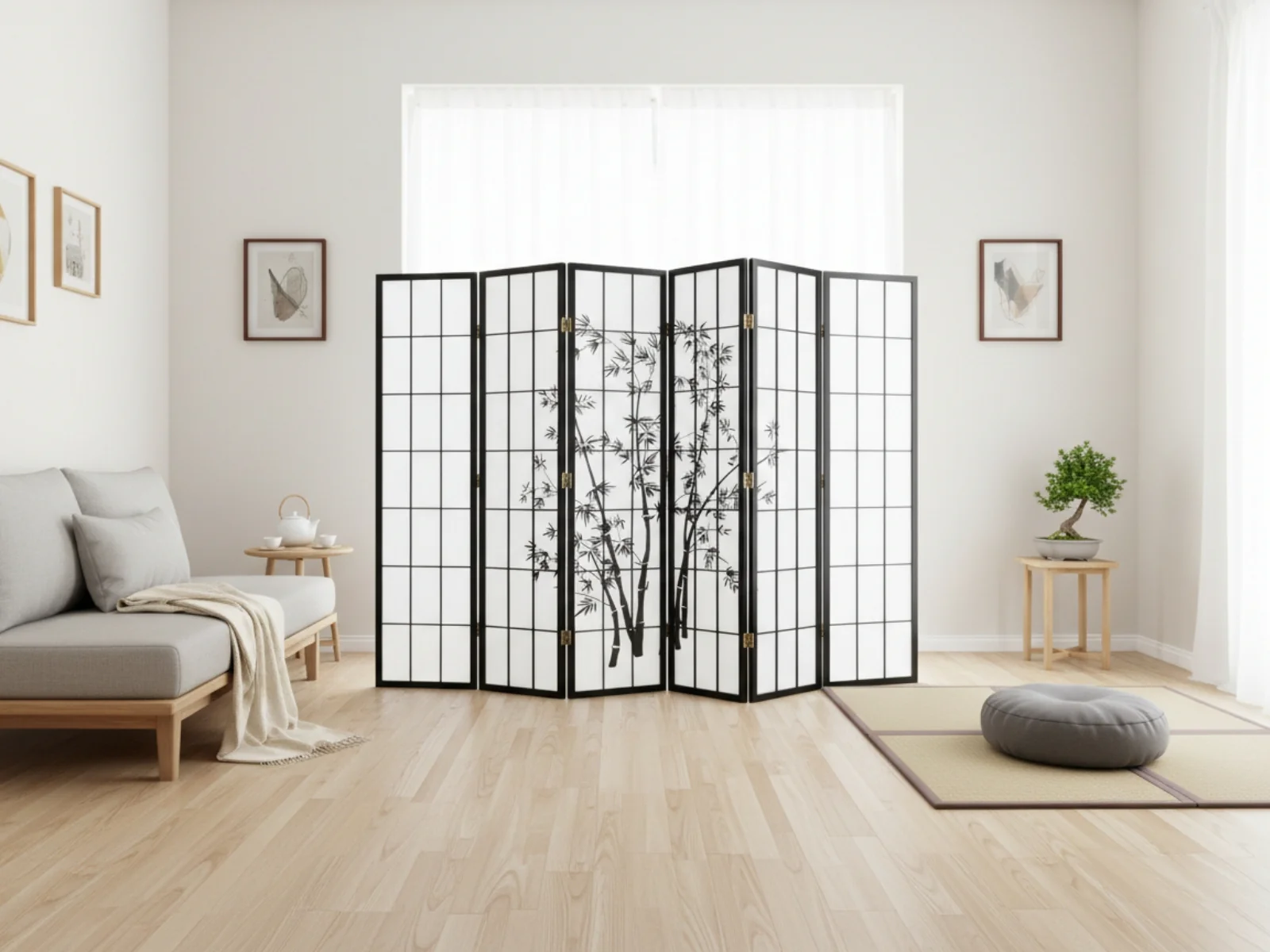 6-Panel Room Divider with Bamboo Pattern - Black - Image 3