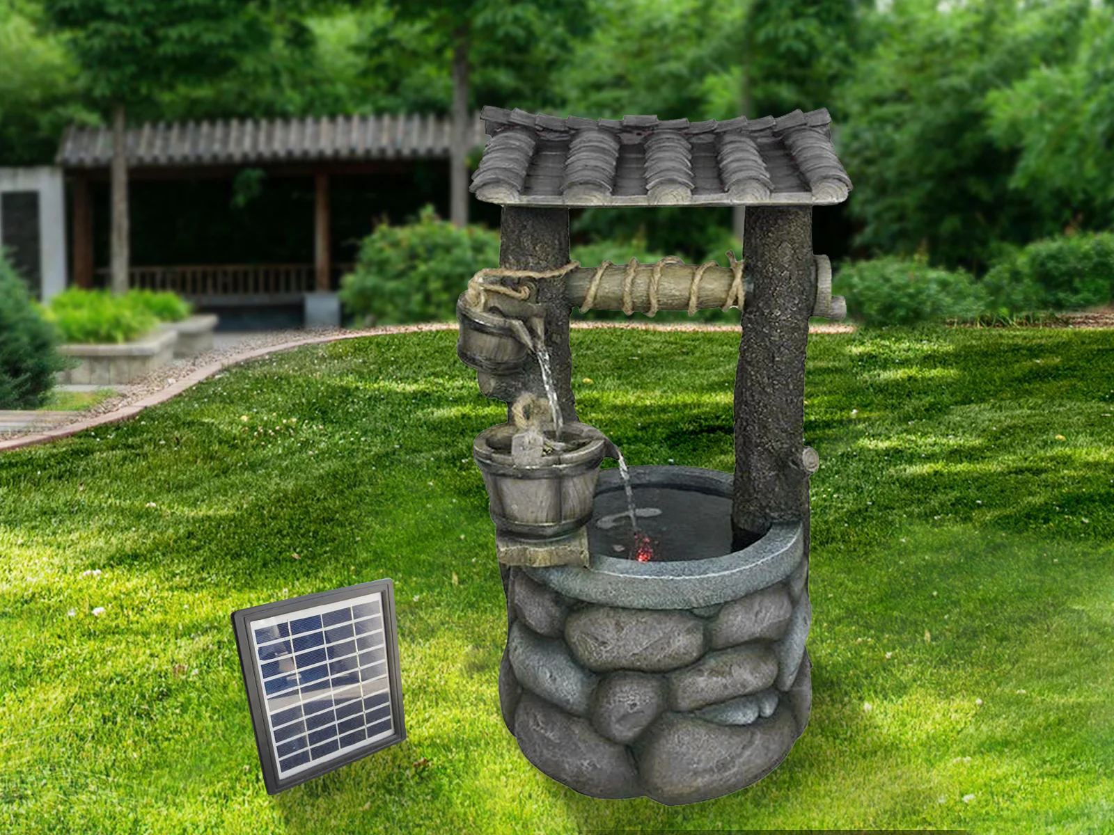 Solar Water Fountain - Wishing Well Design with LED Light - Image 4
