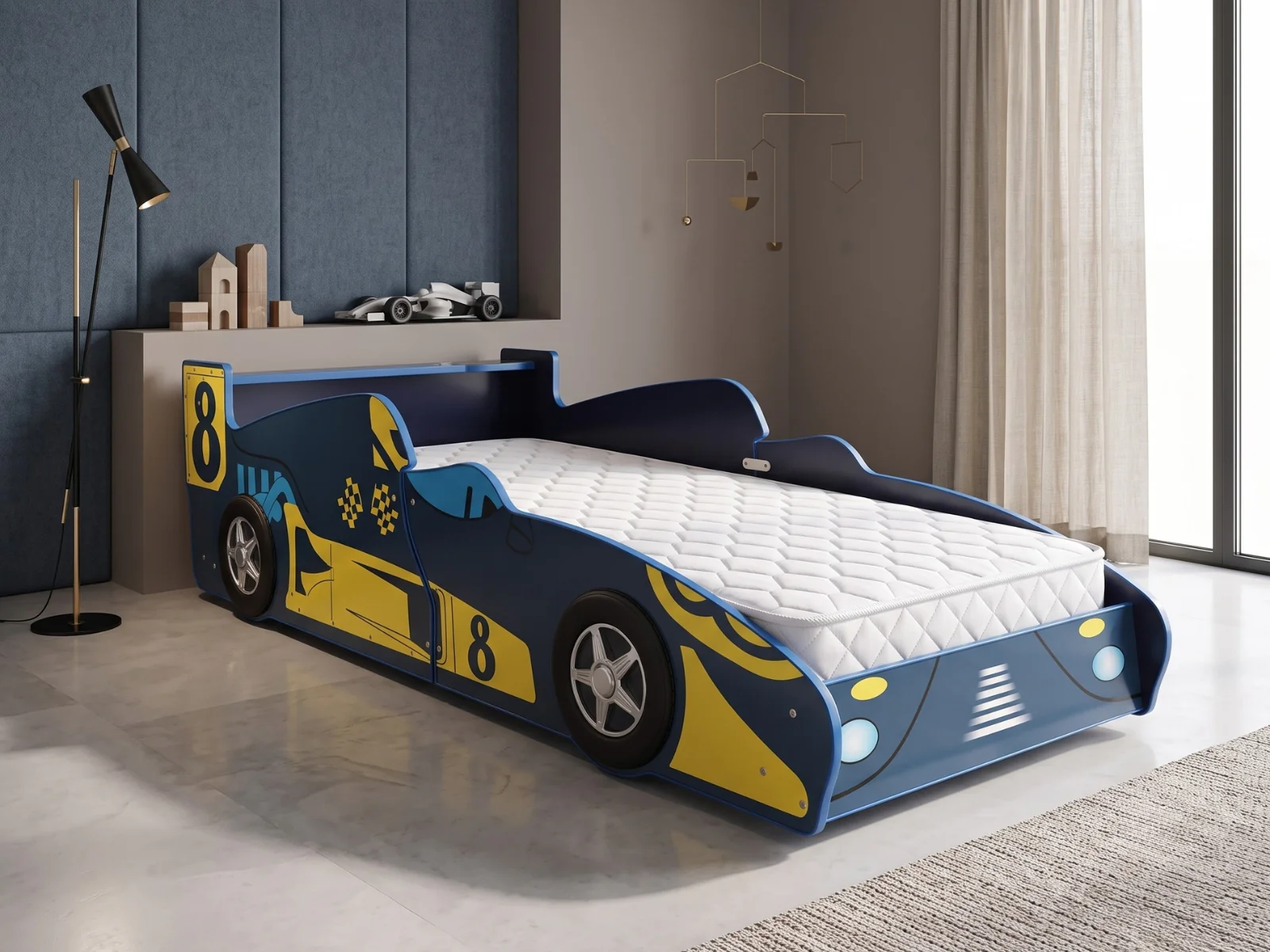 Supreme F1 Race Car Bed Frame Blue & Bon15 Mattress - Single - Image 2