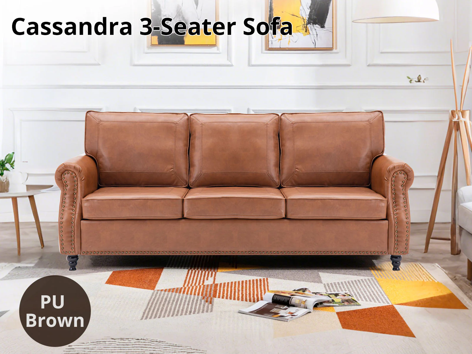 Cassandra 3-seater Sofa PU - Brown - Image 3