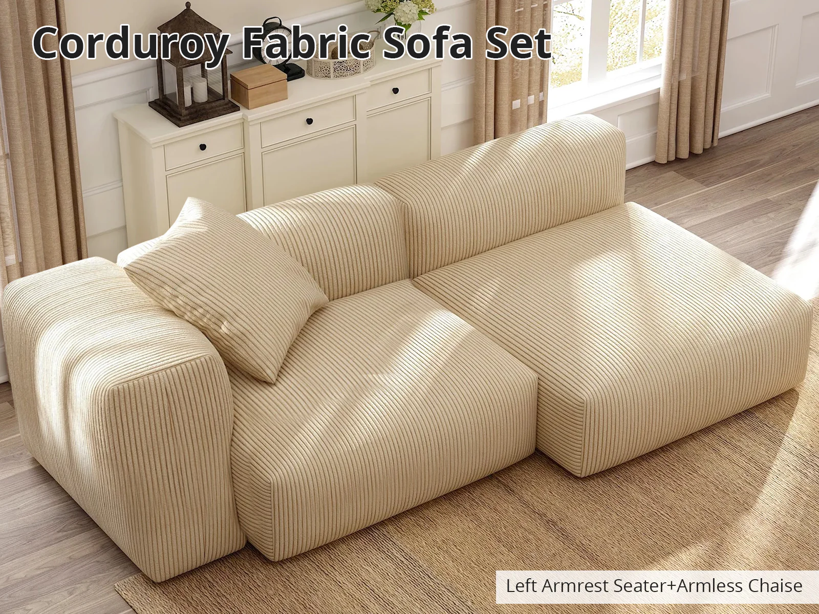 Corduroy Fabric Sofa Set (Left Armrest Seater+Armless Chaise) - Image 2