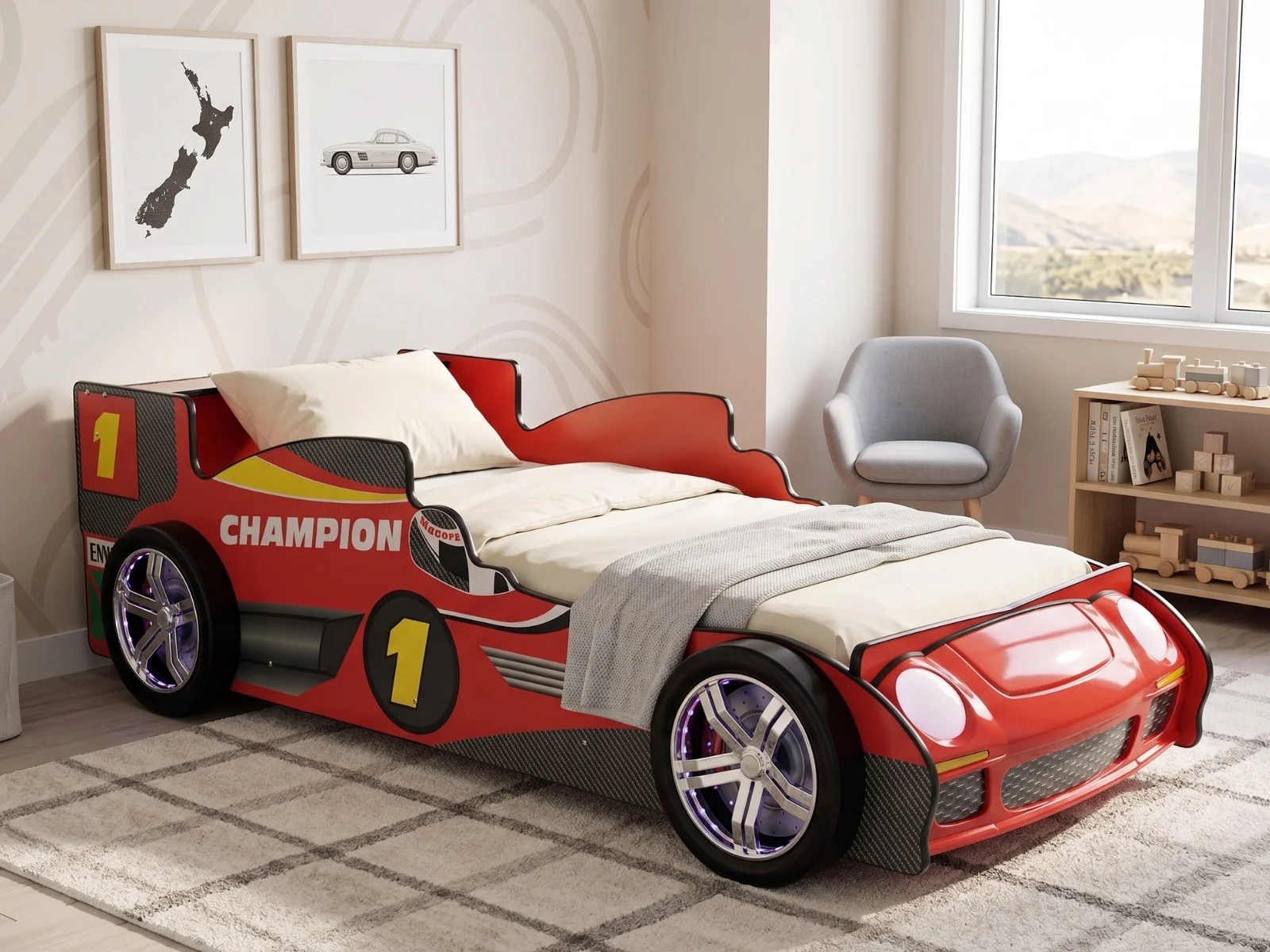 Racing Car Bed Frame with LED Lights Red - Single - Image 2