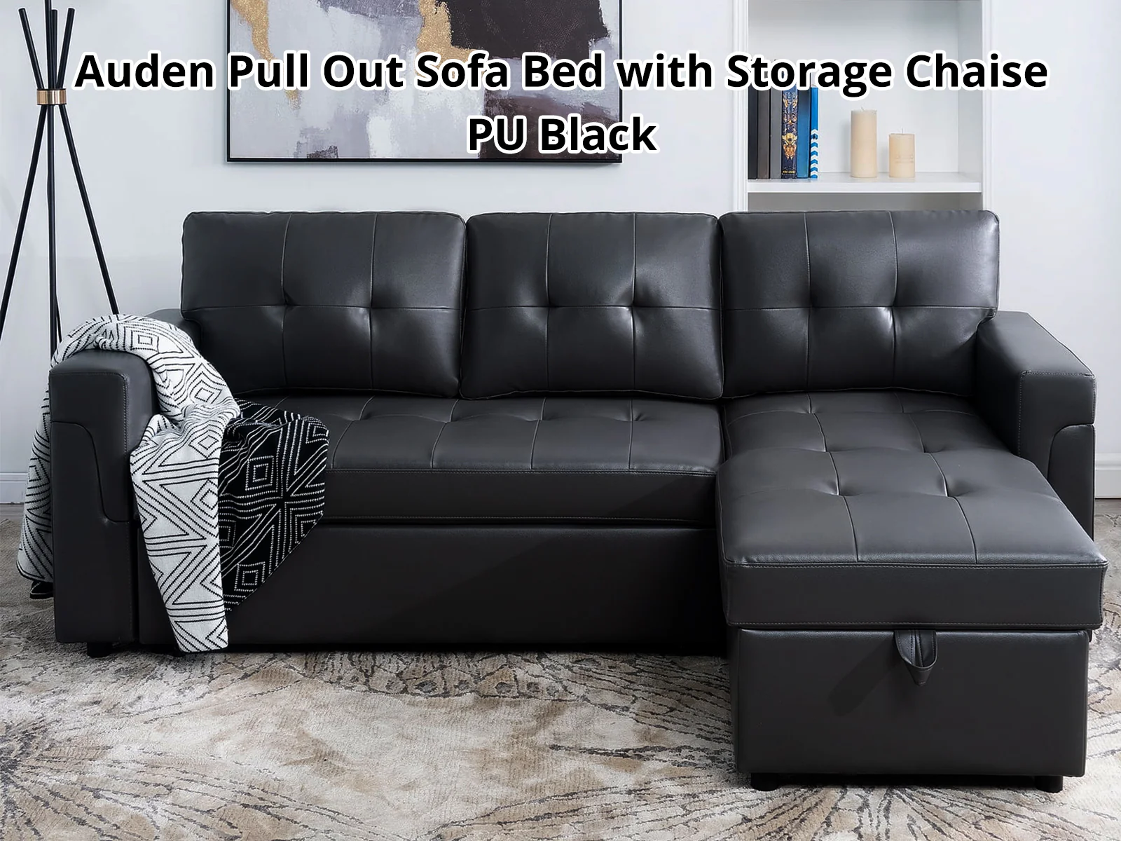 Auden Pull Out Sofa Bed with Storage Chaise PU - Black - Image 2
