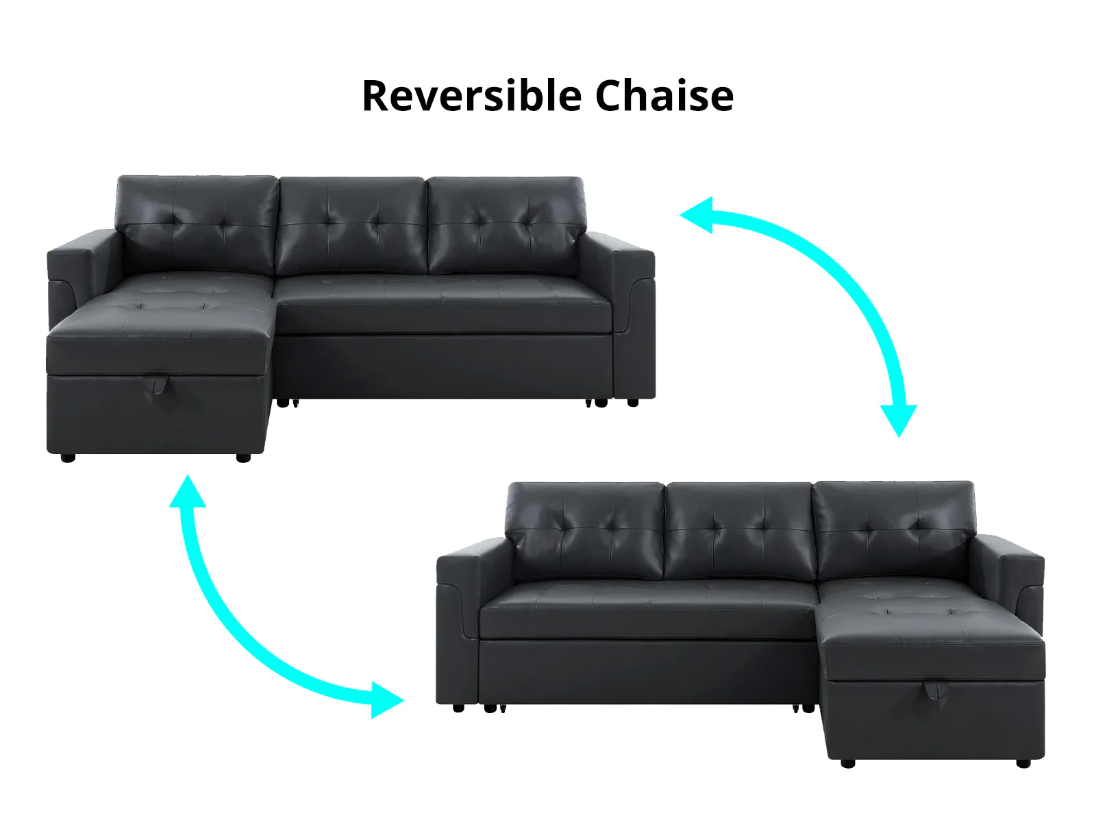 Auden Pull Out Sofa Bed with Storage Chaise PU - Black - Image 5
