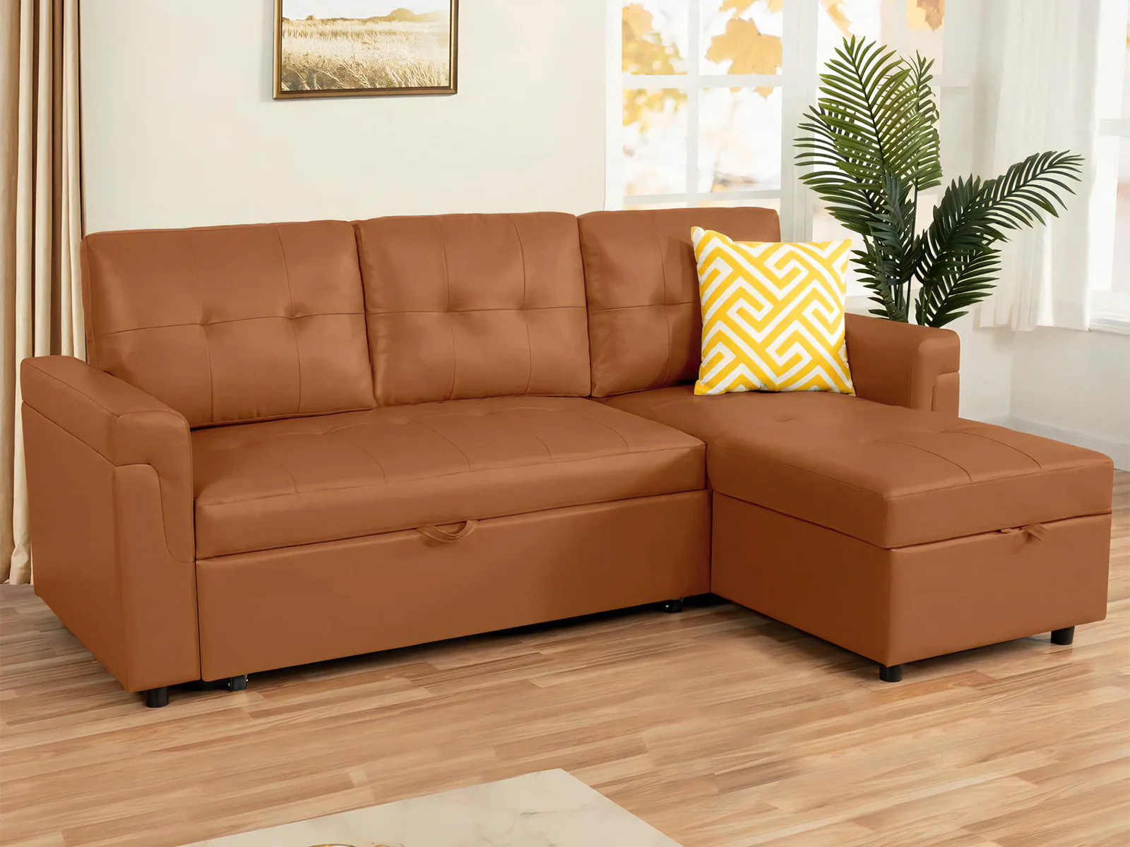 Auden Pull Out Sofa Bed with Storage Chaise PU - Brown - Image 3