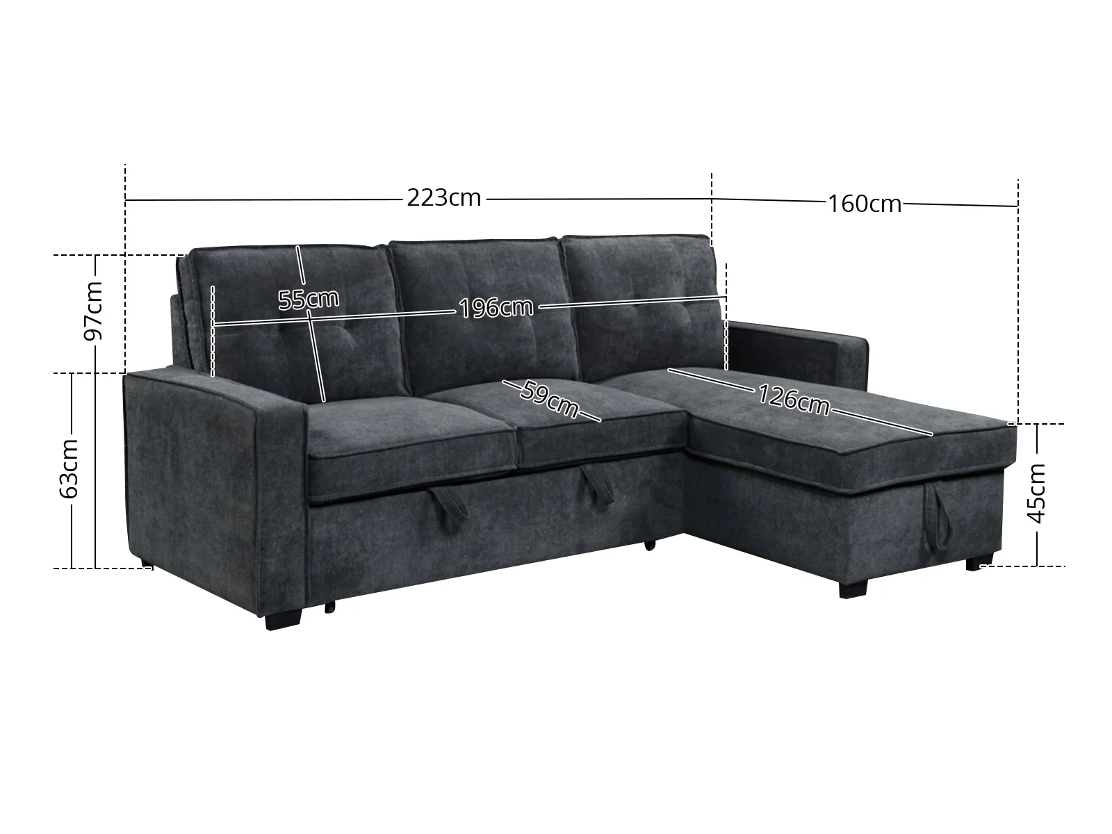 Collyn Chenille Sofa Bed with Right Chaise – Dark Grey - Image 10