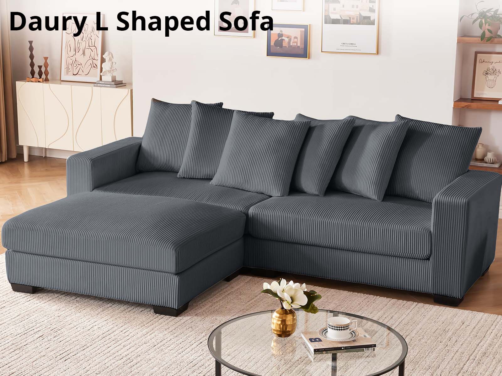 Daury L Shaped Sofa Corduroy - Dark Grey - Image 2