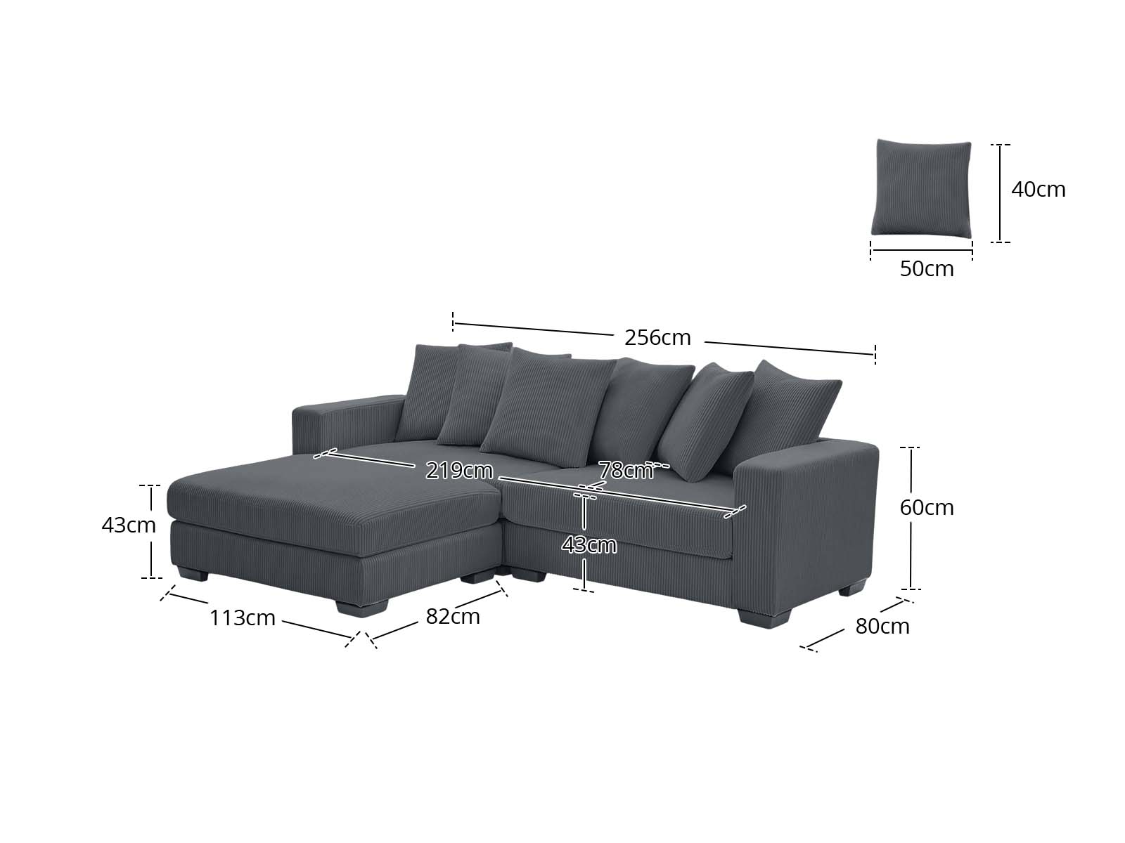 Daury L Shaped Sofa Corduroy - Dark Grey - Image 4