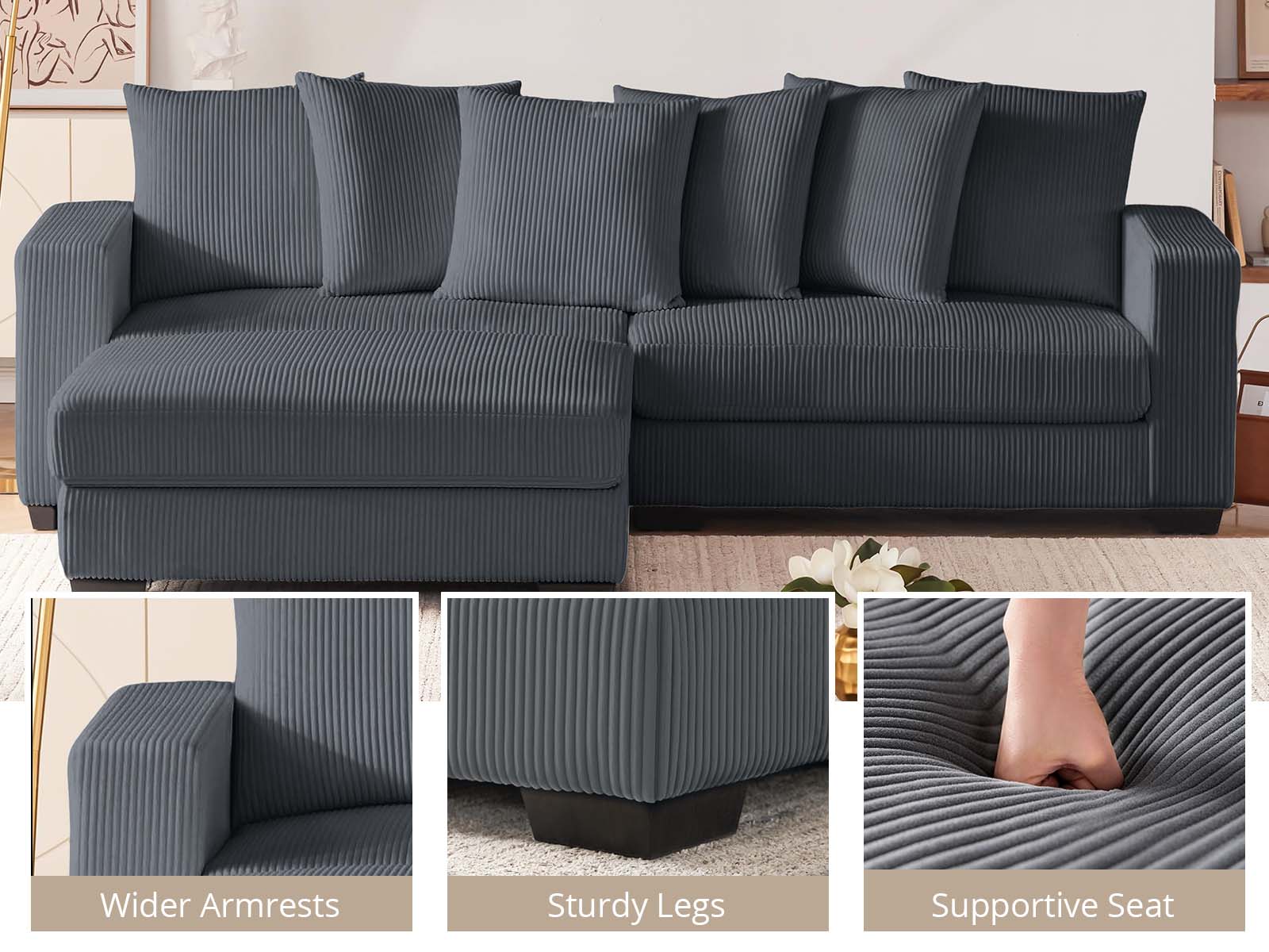Daury L Shaped Sofa Corduroy - Dark Grey - Image 5