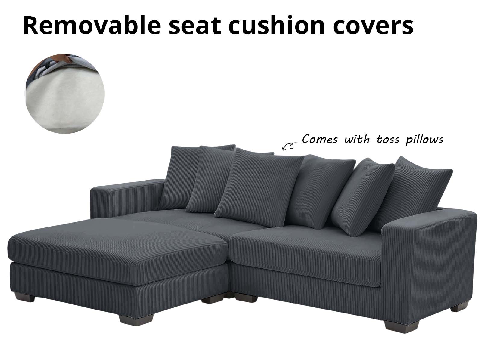 Daury L Shaped Sofa Corduroy - Dark Grey - Image 6