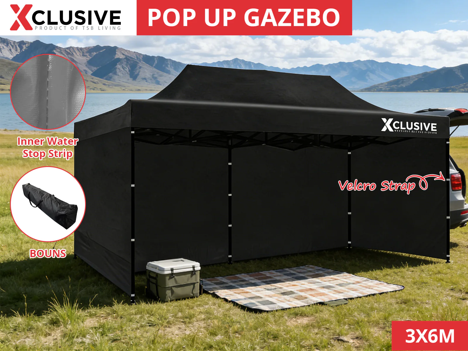 Xclusive Gazebo with Carry Bag 3m x 6m - Black - Image 3