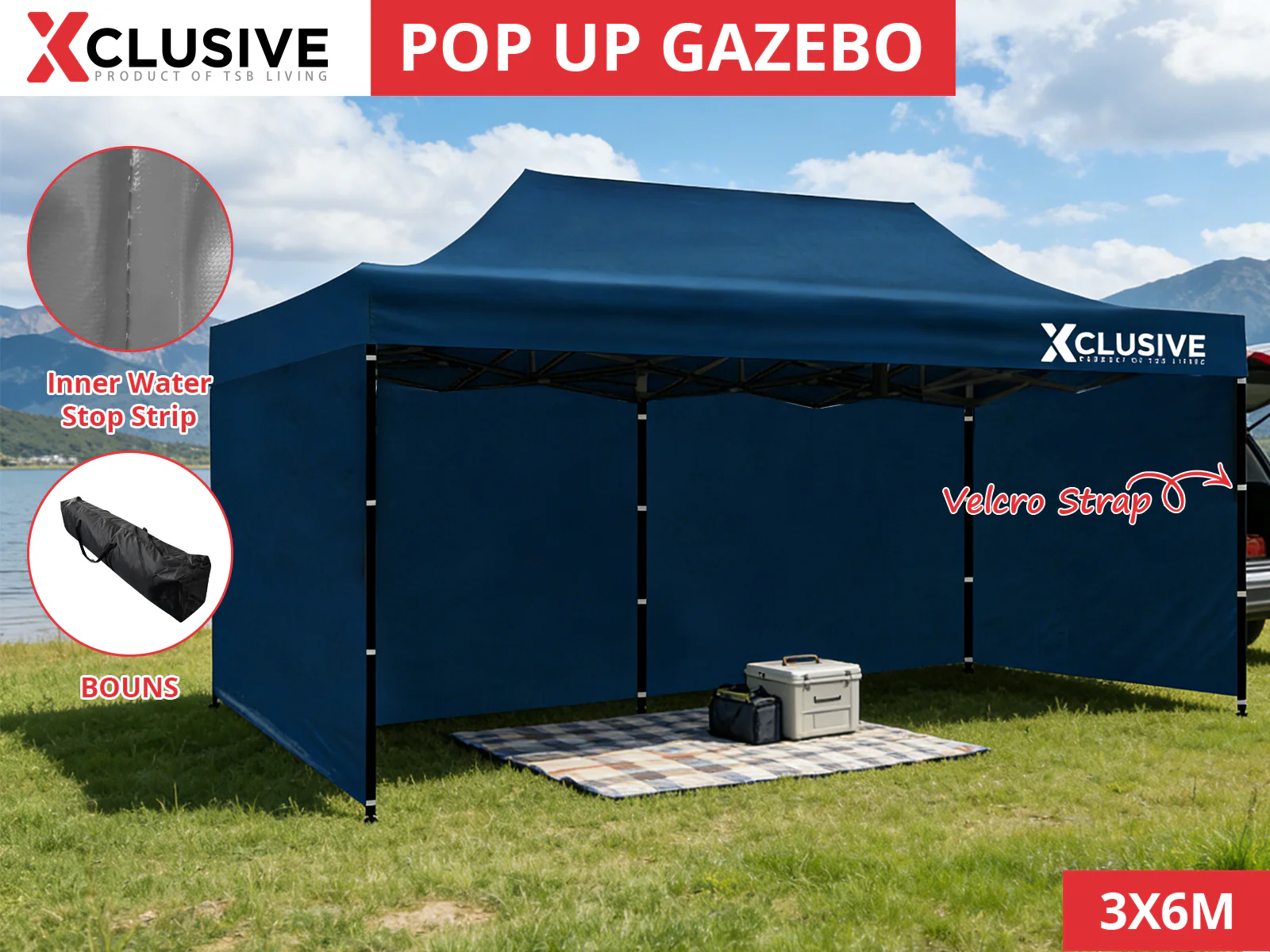 Xclusive Gazebo with Carry Bag 3m x 6m - Navy - Image 3