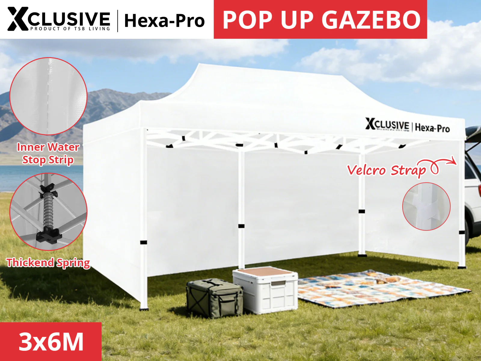 Xclusive Gazebo HEX 3m x 6m - White - Image 3
