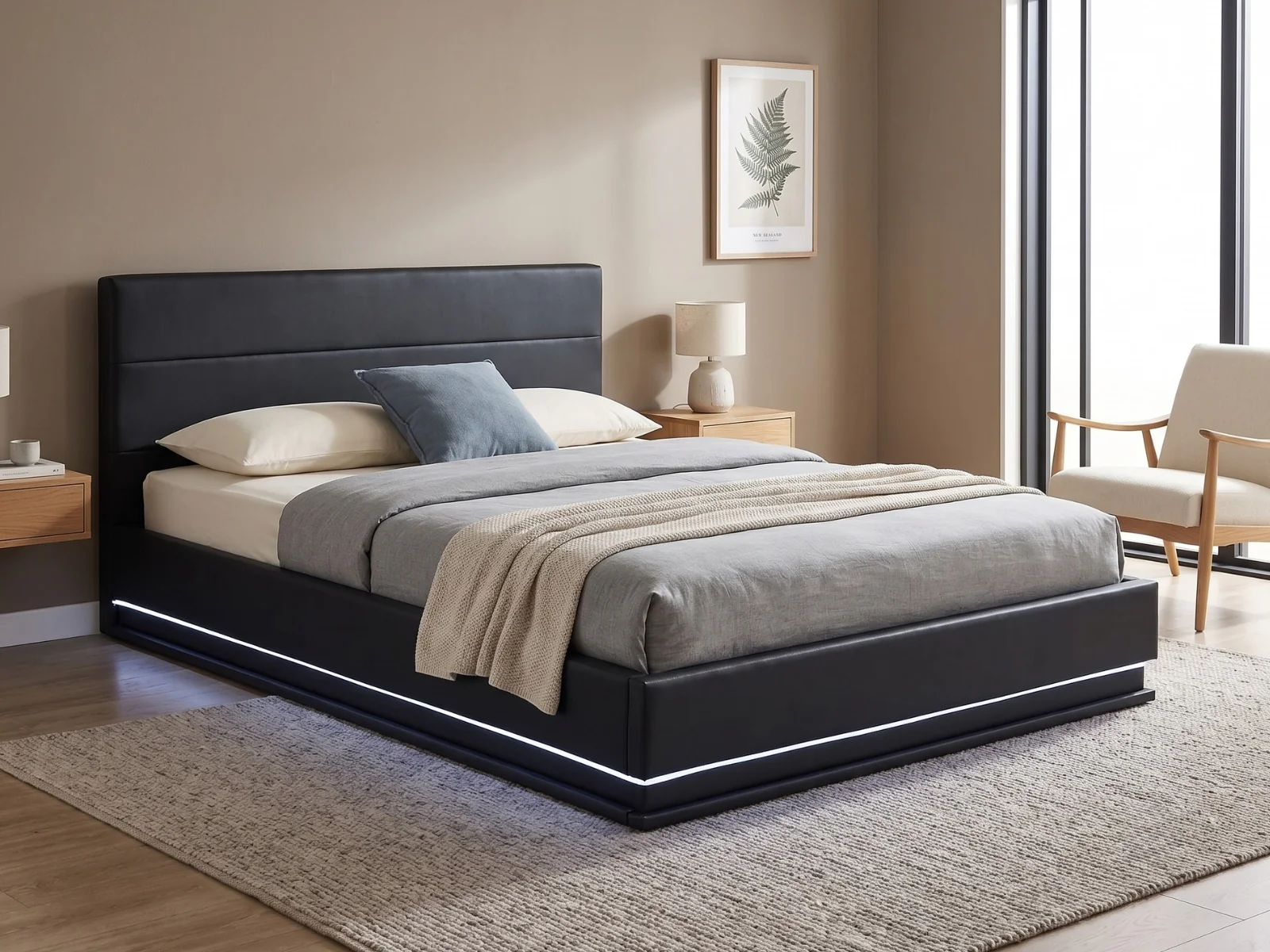 Harold Storage Bed with LED Light PU Black - Queen - Image 2