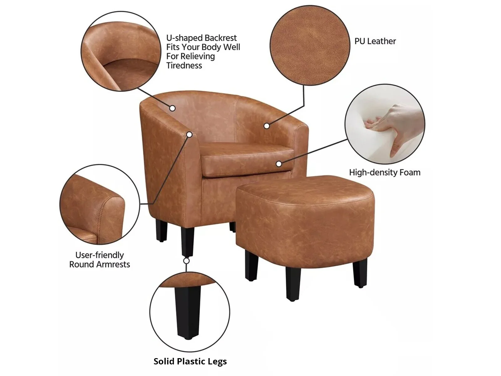 Oswin Tub Chair with Ottoman PU - Brown - Image 8