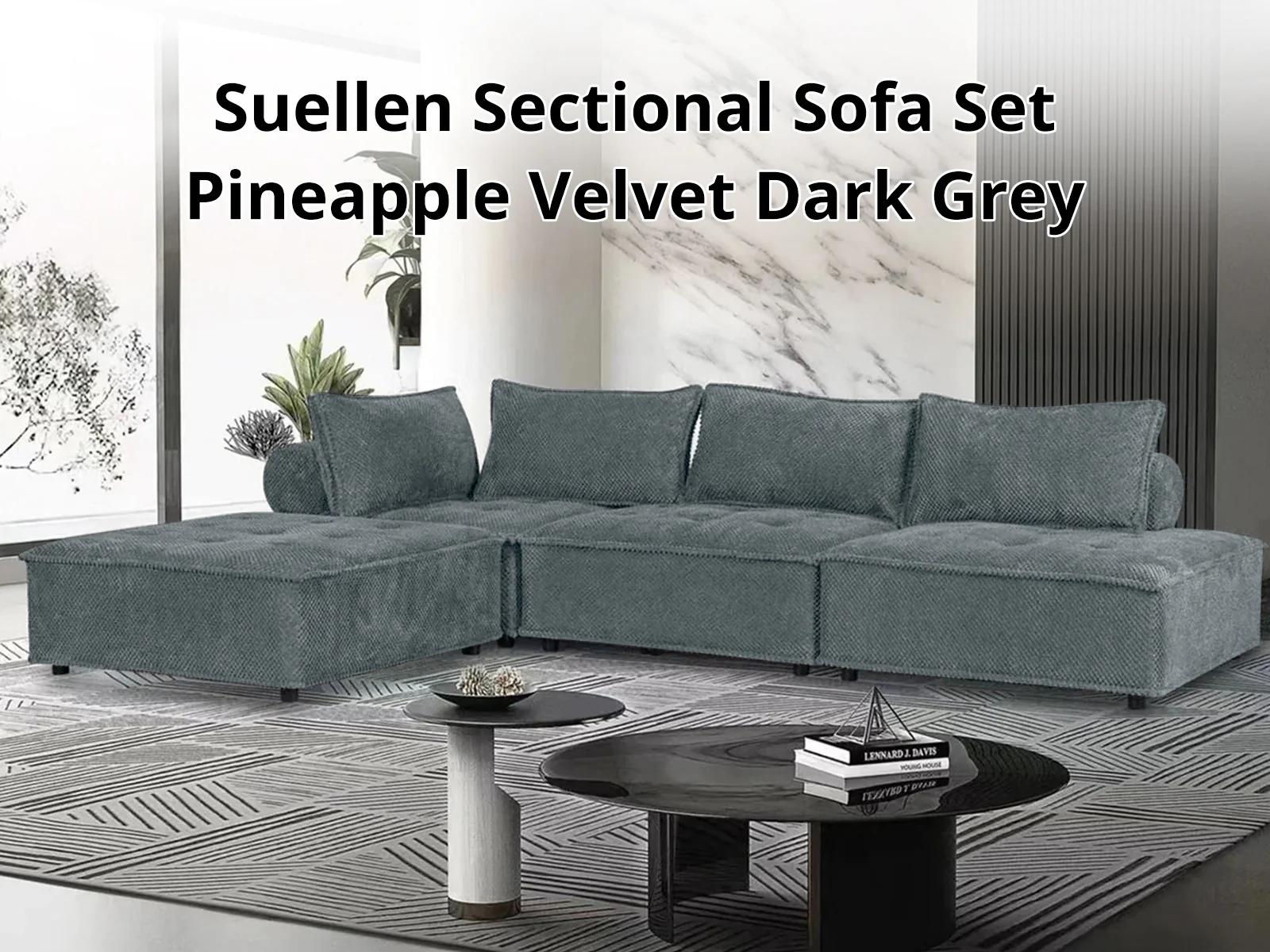 Suellen Sectional Sofa Set Pineapple Velvet - Dark Grey - Image 2