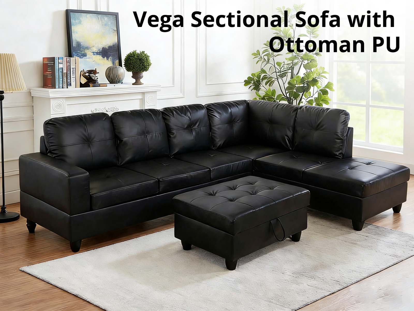 Vega Sectional Sofa with Ottoman PU - Black - Image 2