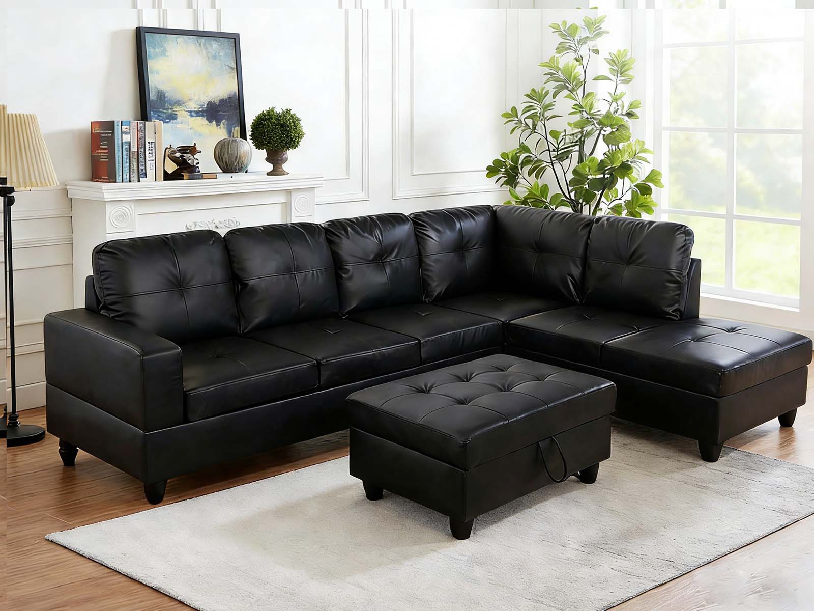 Vega Sectional Sofa with Ottoman PU - Black - Image 3