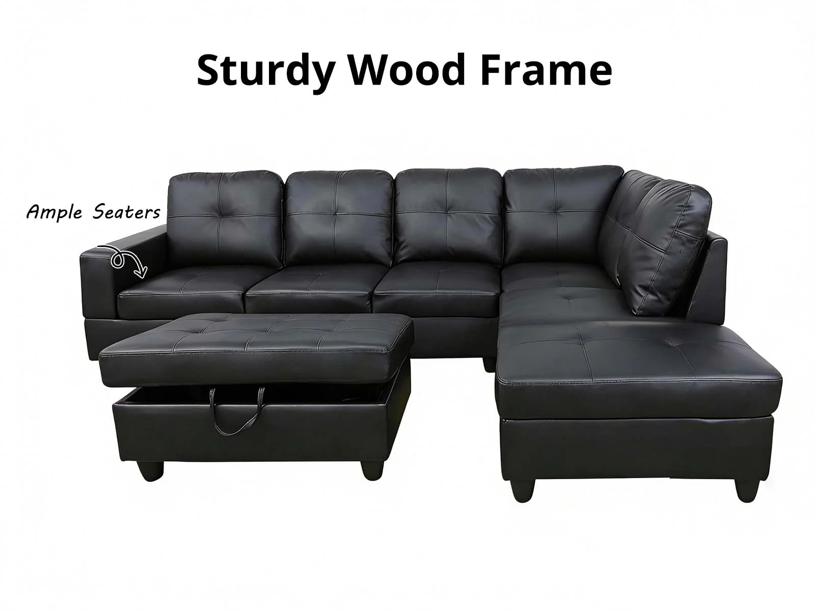 Vega Sectional Sofa with Ottoman PU - Black - Image 4
