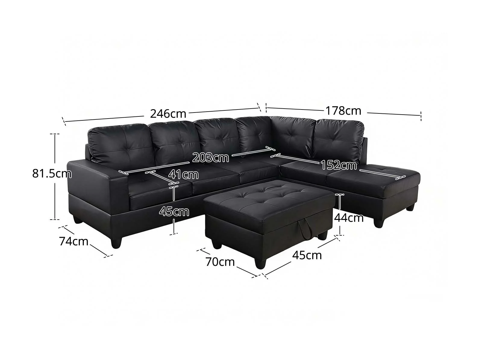 Vega Sectional Sofa with Ottoman PU - Black - Image 8