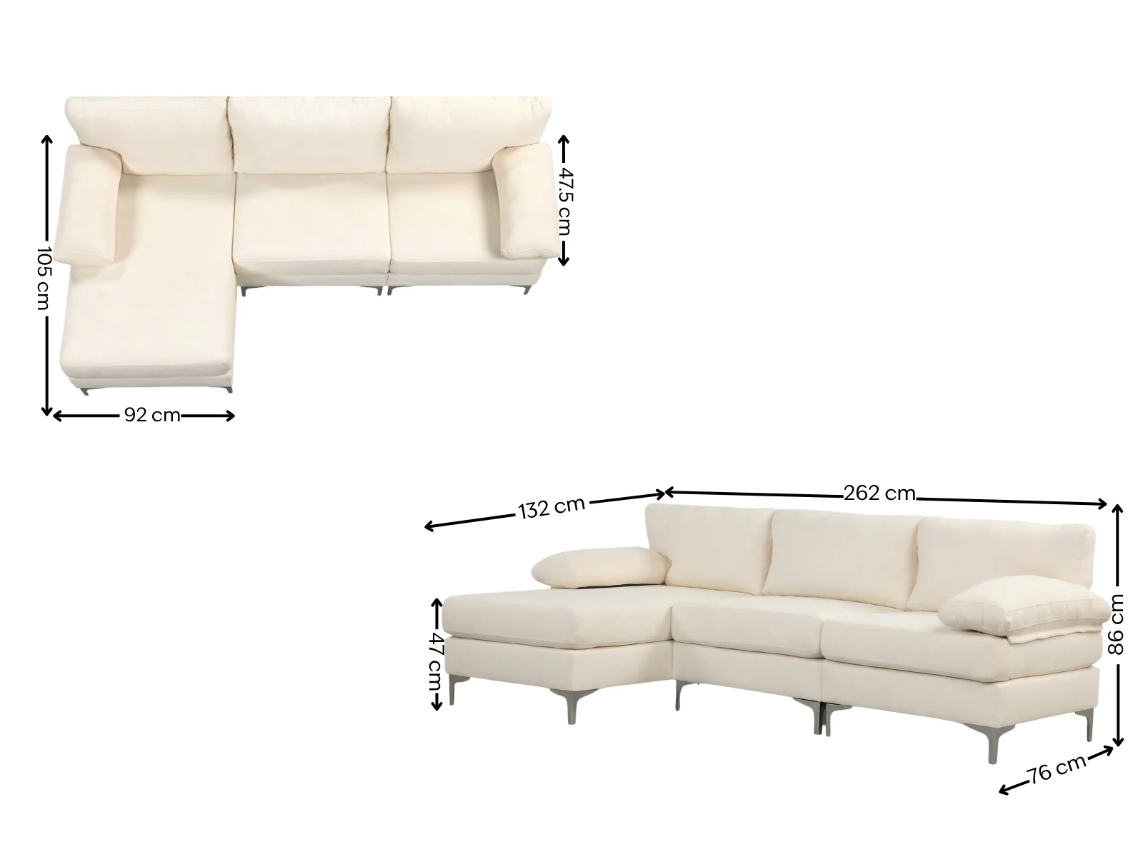 Wenda Velvet Sofa with Chaise - Beige - Image 10