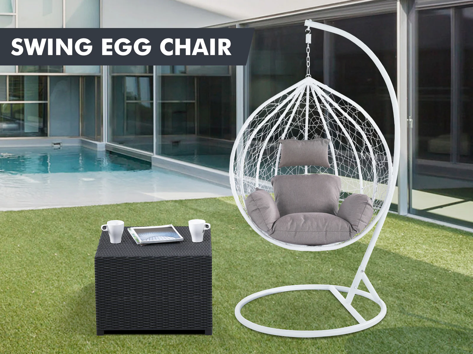 Outdoor Swing Egg Chair - White & Grey - Image 12