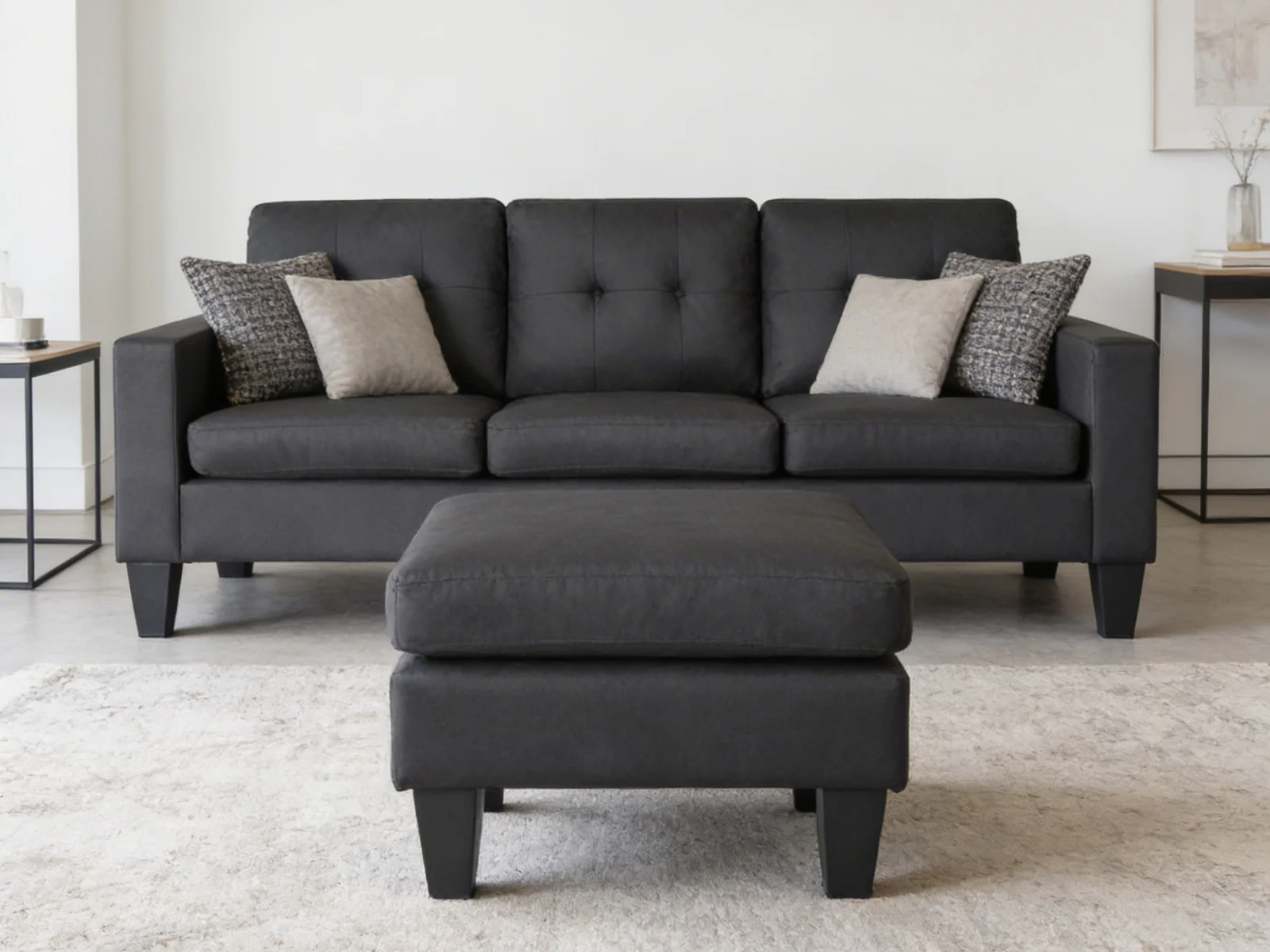 Robyn Linen Sofa Set With Ottoman - Black - Image 11