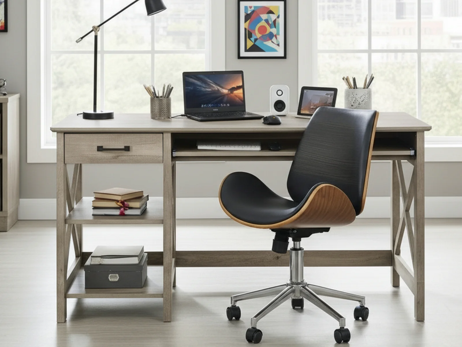 Writing Desk Rustic Oak & Bentwood Office Chair - Image 2