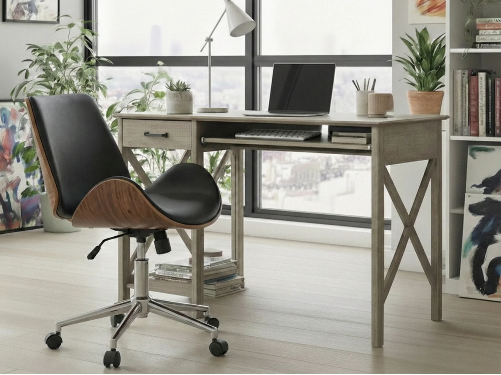 Writing Desk Rustic Oak & Bentwood Office Chair - Image 3