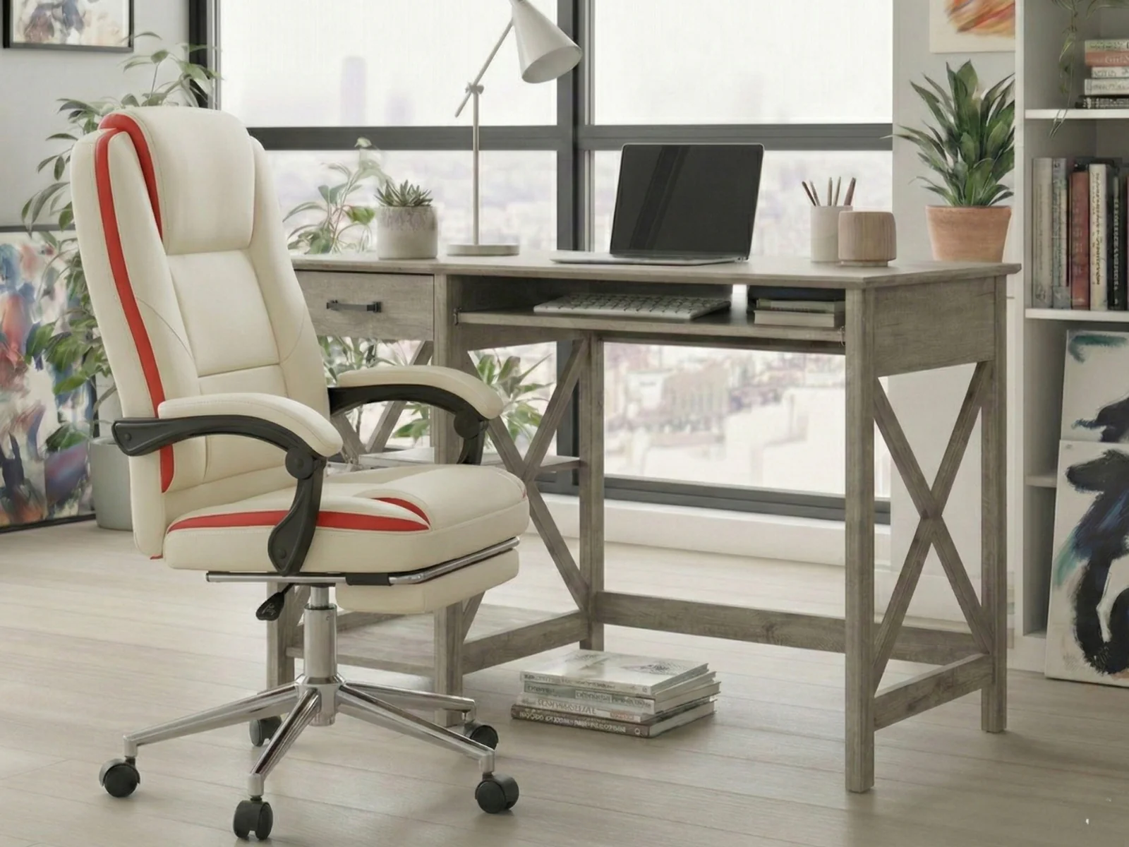 Writing Desk Rustic Oak & Siena Executive Office Chair PU Beige - Image 3